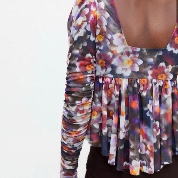 Urban Outfitters Floral Ruffle Ruched Mesh Long Sleeve Babydoll Top, Size S - Picture 4 of 9